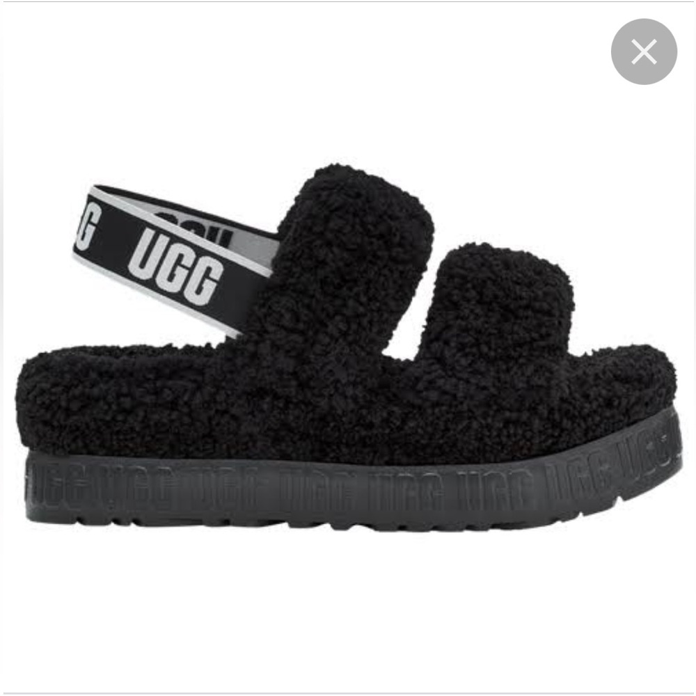 UGG Oh Fluffita Black Fluffy Sling Back Platform Two Strap Sandal Slippers
